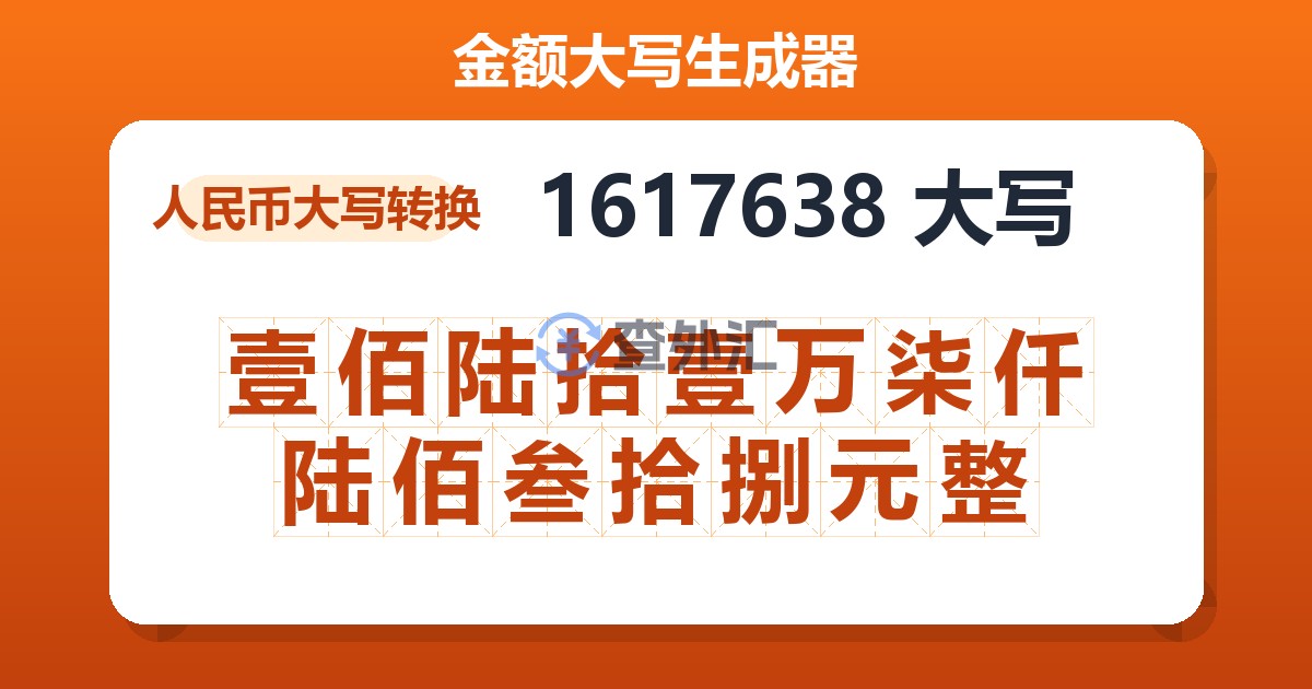 1617638大写 壹佰陆拾壹万柒仟陆佰叁拾捌元整