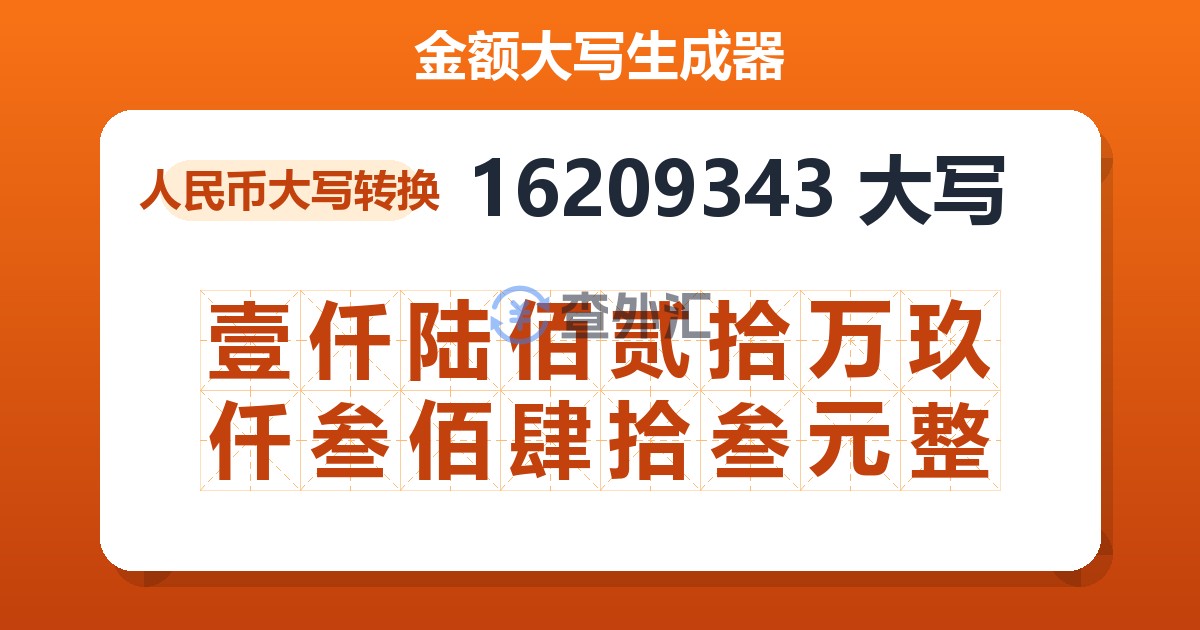 16209343大写 壹仟陆佰贰拾万玖仟叁佰肆拾叁元整