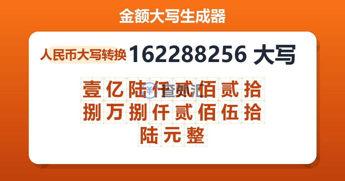 162288256大写 壹亿陆仟贰佰贰拾捌万捌仟贰佰伍拾陆元整