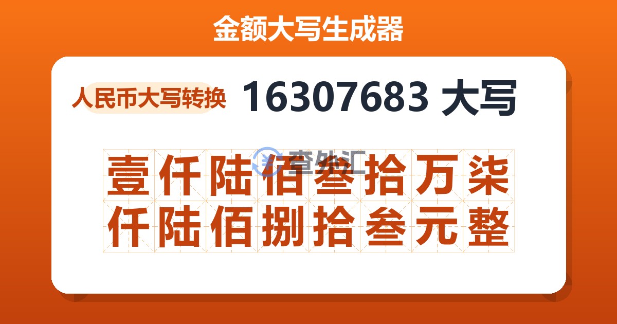 16307683大写 壹仟陆佰叁拾万柒仟陆佰捌拾叁元整