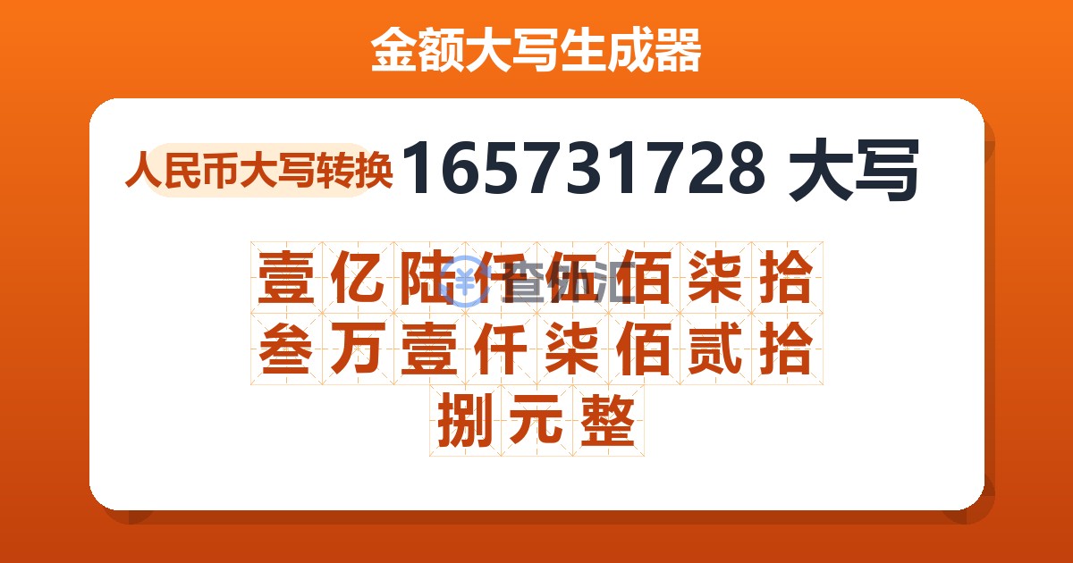 165731728大写 壹亿陆仟伍佰柒拾叁万壹仟柒佰贰拾捌元整