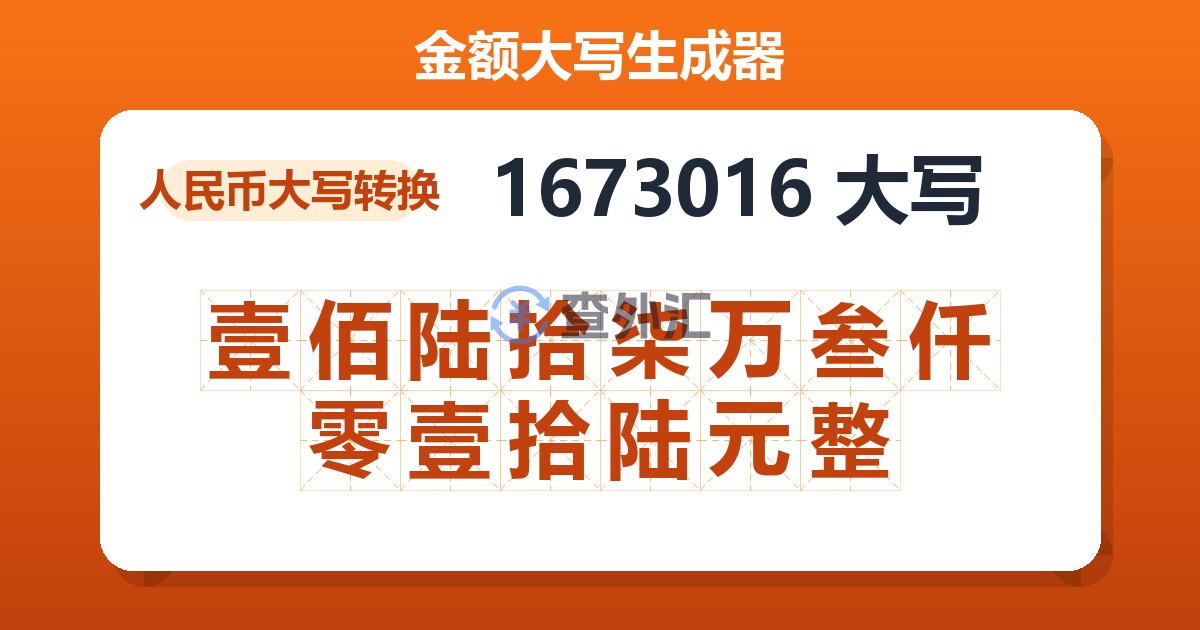 1673016大写 壹佰陆拾柒万叁仟零壹拾陆元整