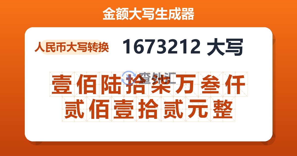 1673212大写 壹佰陆拾柒万叁仟贰佰壹拾贰元整