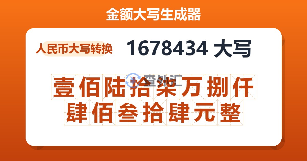 1678434大写 壹佰陆拾柒万捌仟肆佰叁拾肆元整