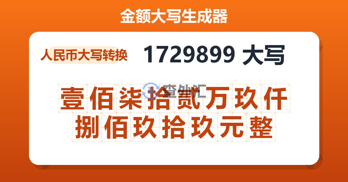 1729899大写 壹佰柒拾贰万玖仟捌佰玖拾玖元整