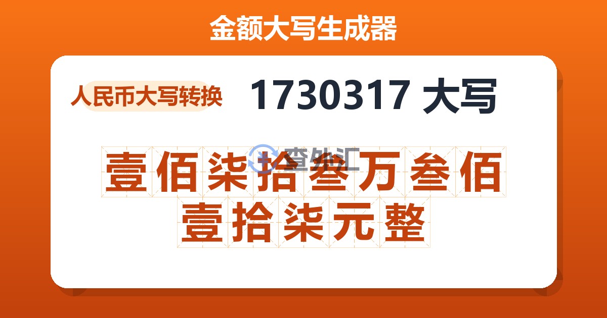 1730317大写 壹佰柒拾叁万叁佰壹拾柒元整