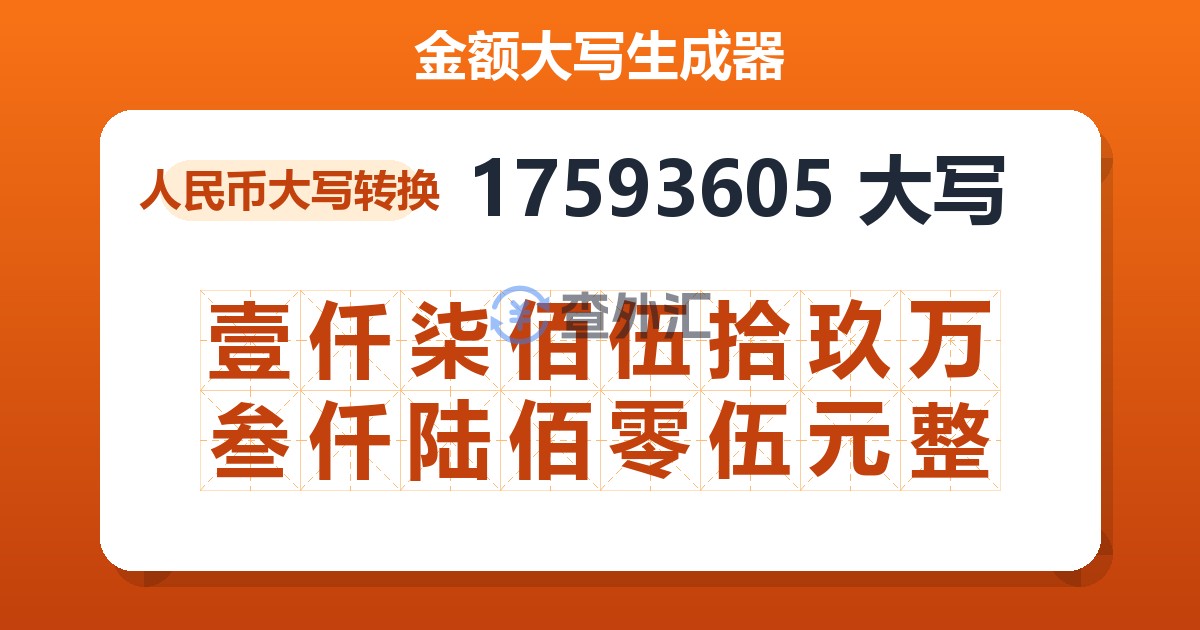 17593605大写 壹仟柒佰伍拾玖万叁仟陆佰零伍元整