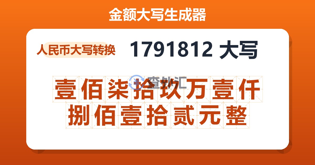 1791812大写 壹佰柒拾玖万壹仟捌佰壹拾贰元整