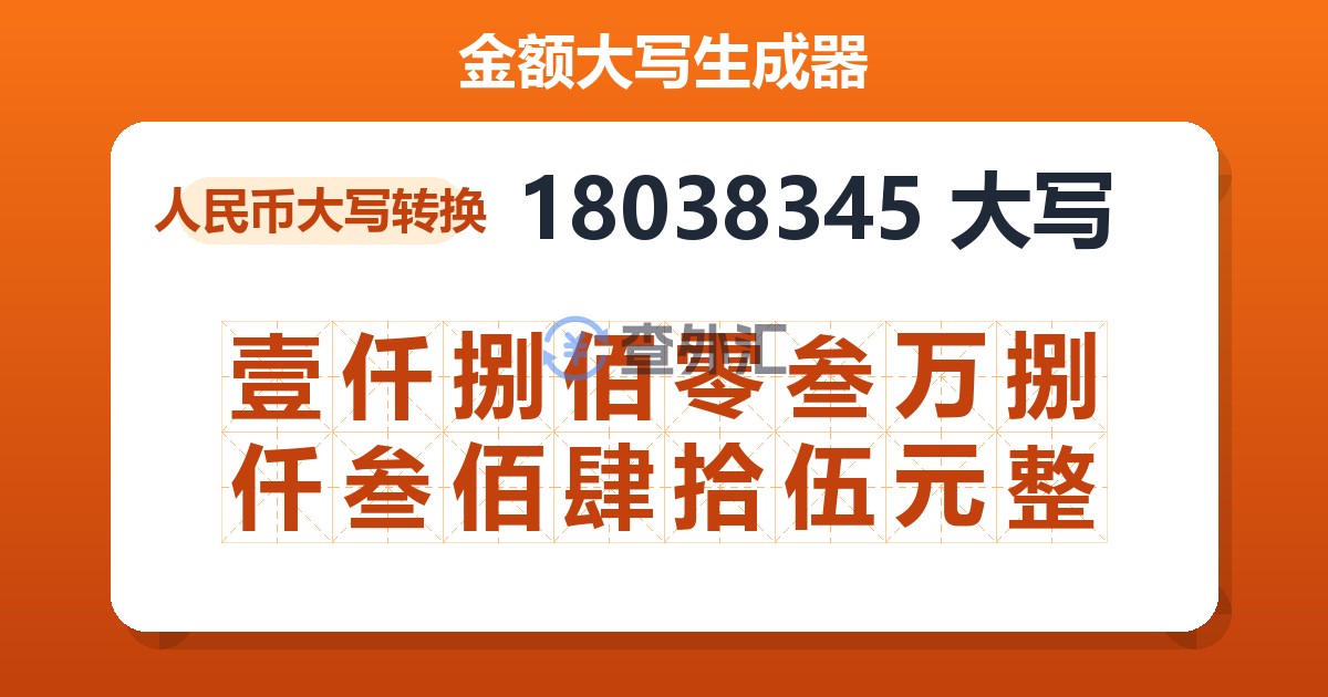 18038345大写 壹仟捌佰零叁万捌仟叁佰肆拾伍元整