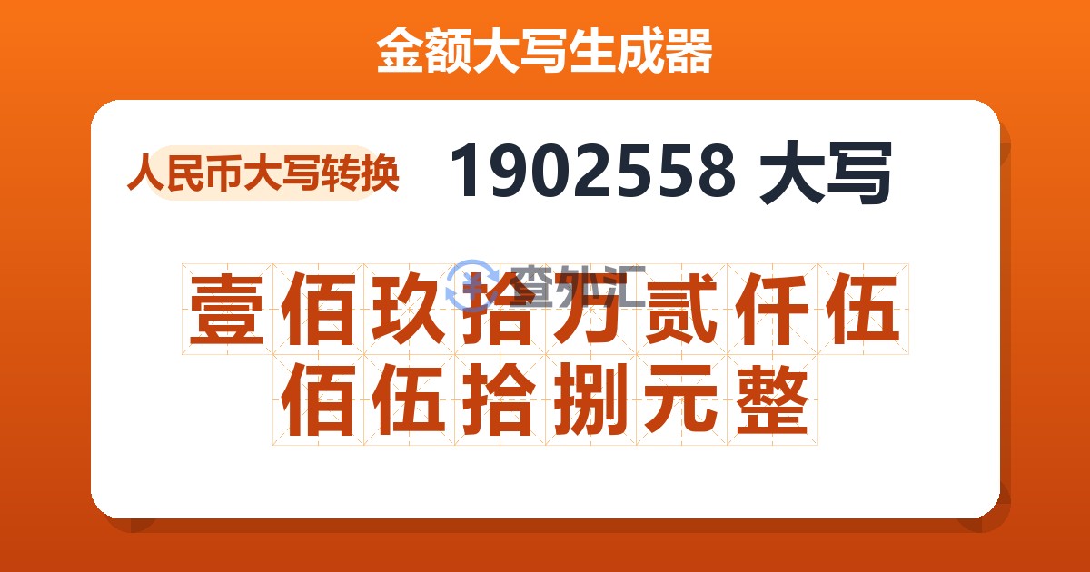 1902558大写 壹佰玖拾万贰仟伍佰伍拾捌元整
