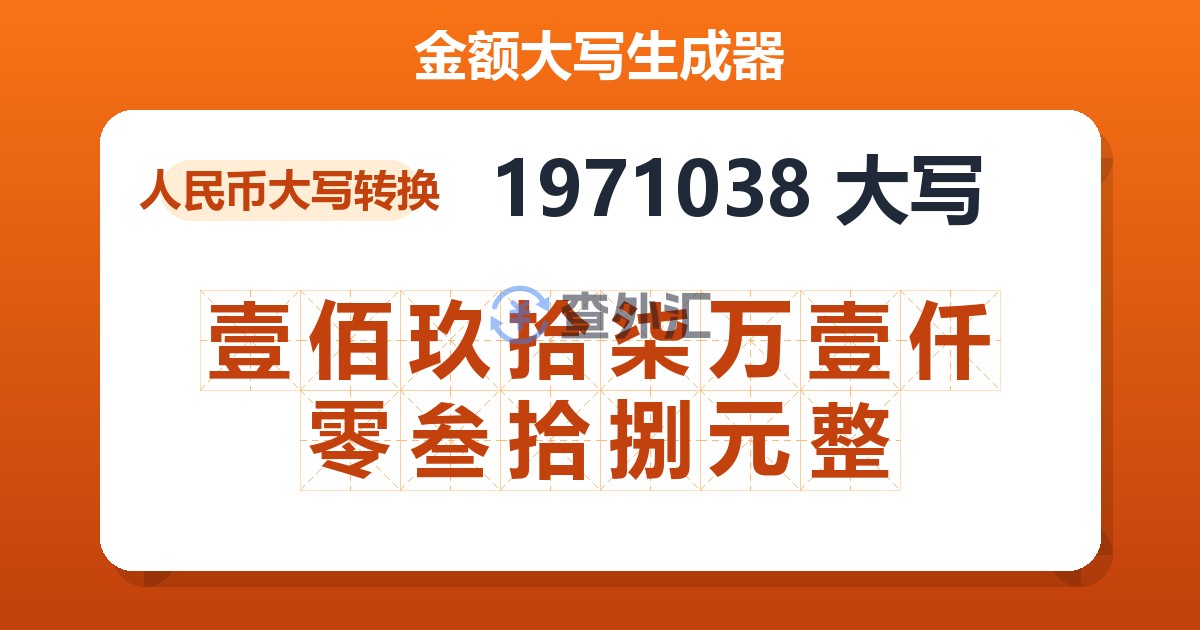 1971038大写 壹佰玖拾柒万壹仟零叁拾捌元整