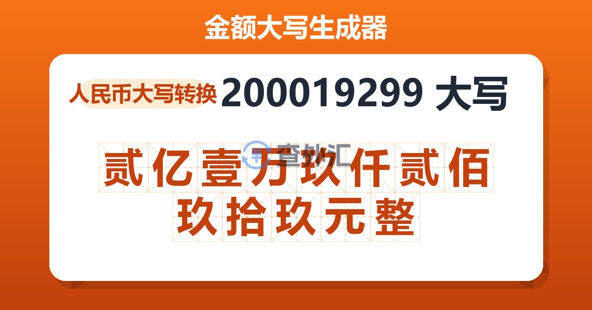 200019299大写 贰亿壹万玖仟贰佰玖拾玖元整