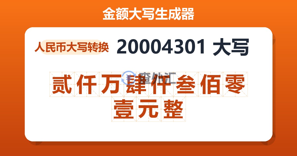 20004301大写 贰仟万肆仟叁佰零壹元整