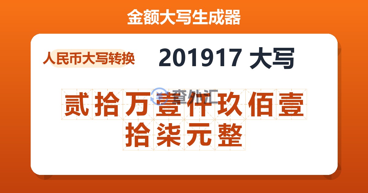 201917大写 贰拾万壹仟玖佰壹拾柒元整