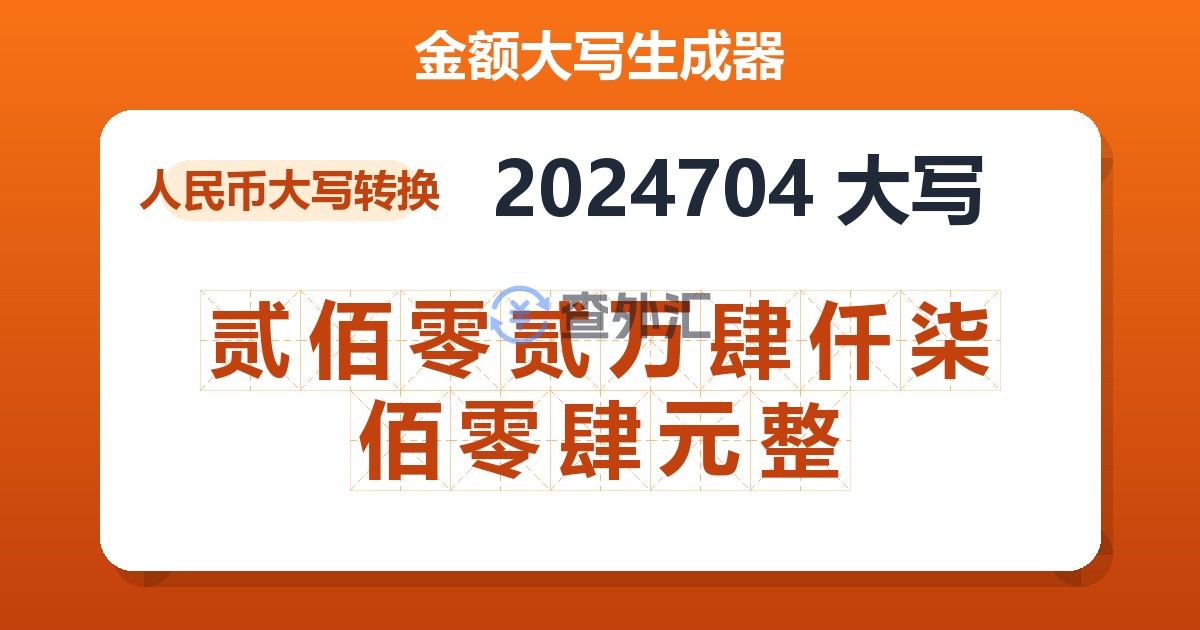 2024704大写 贰佰零贰万肆仟柒佰零肆元整
