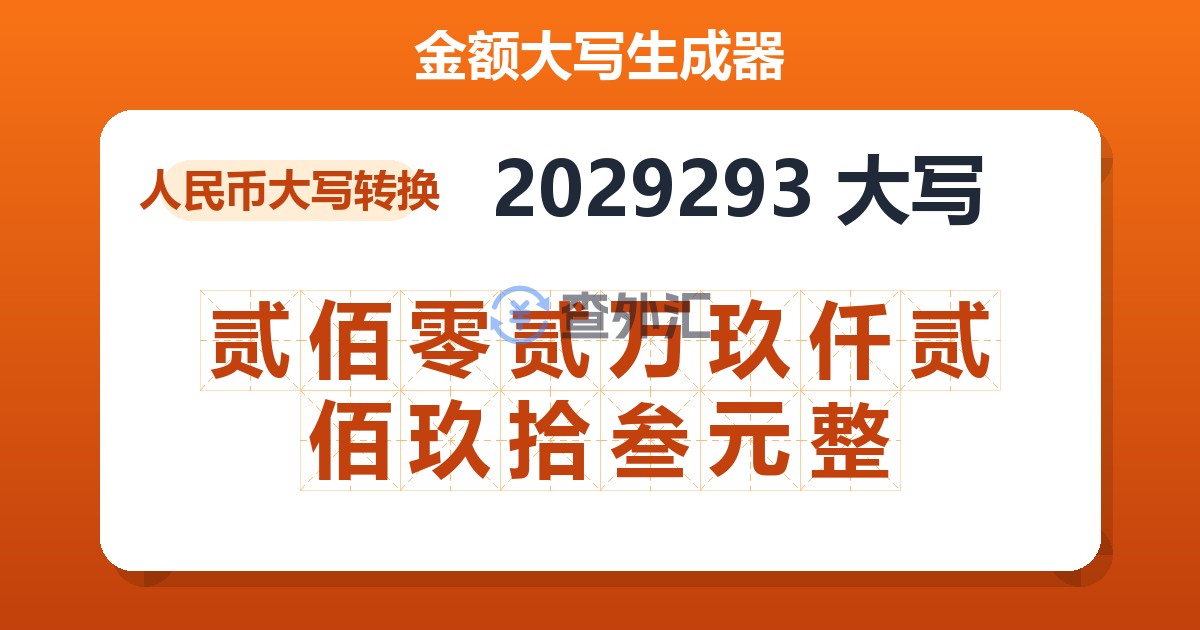 2029293大写 贰佰零贰万玖仟贰佰玖拾叁元整