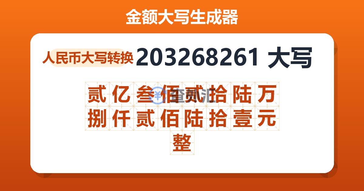 203268261大写 贰亿叁佰贰拾陆万捌仟贰佰陆拾壹元整