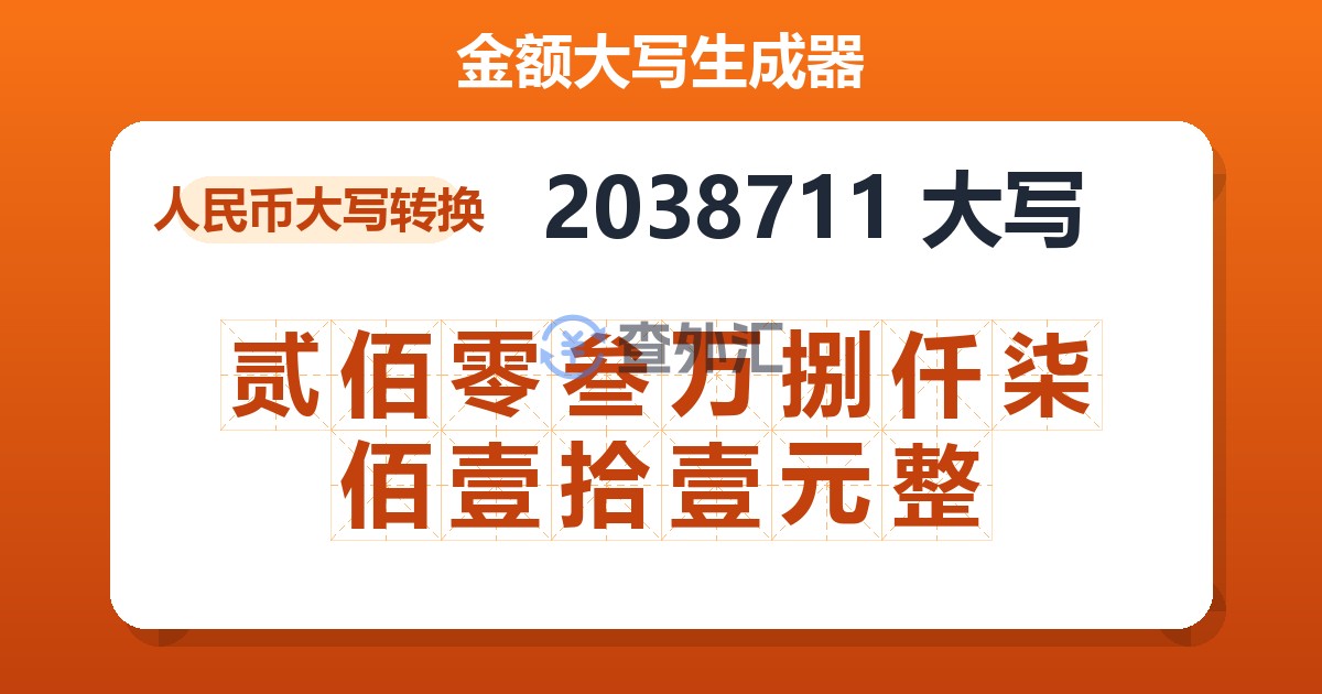 2038711大写 贰佰零叁万捌仟柒佰壹拾壹元整