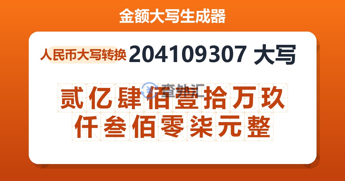 204109307大写 贰亿肆佰壹拾万玖仟叁佰零柒元整