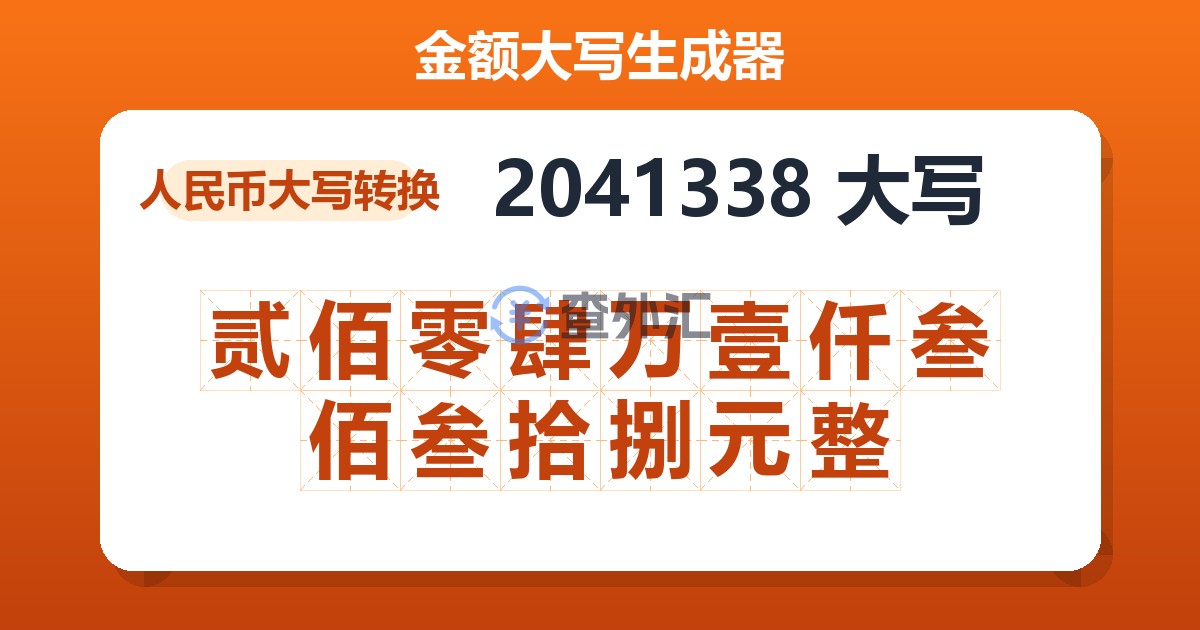 2041338大写 贰佰零肆万壹仟叁佰叁拾捌元整