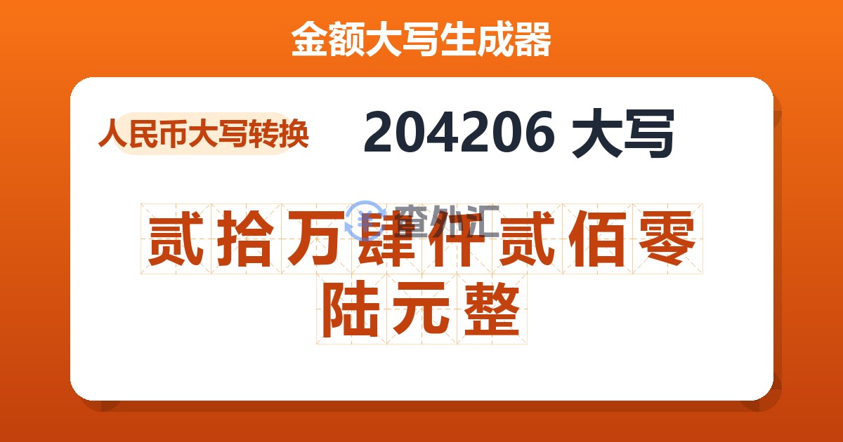 204206大写 贰拾万肆仟贰佰零陆元整