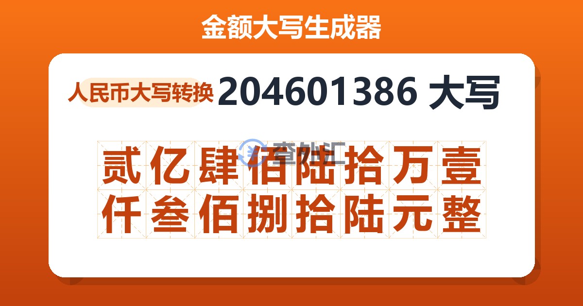 204601386大写 贰亿肆佰陆拾万壹仟叁佰捌拾陆元整