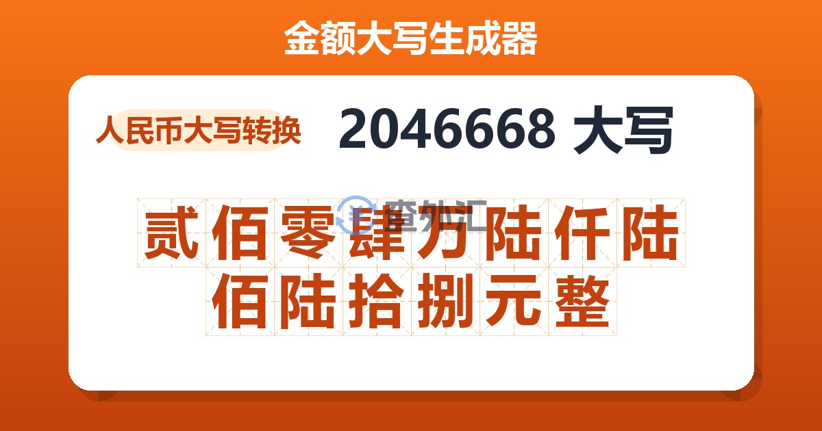 2046668大写 贰佰零肆万陆仟陆佰陆拾捌元整