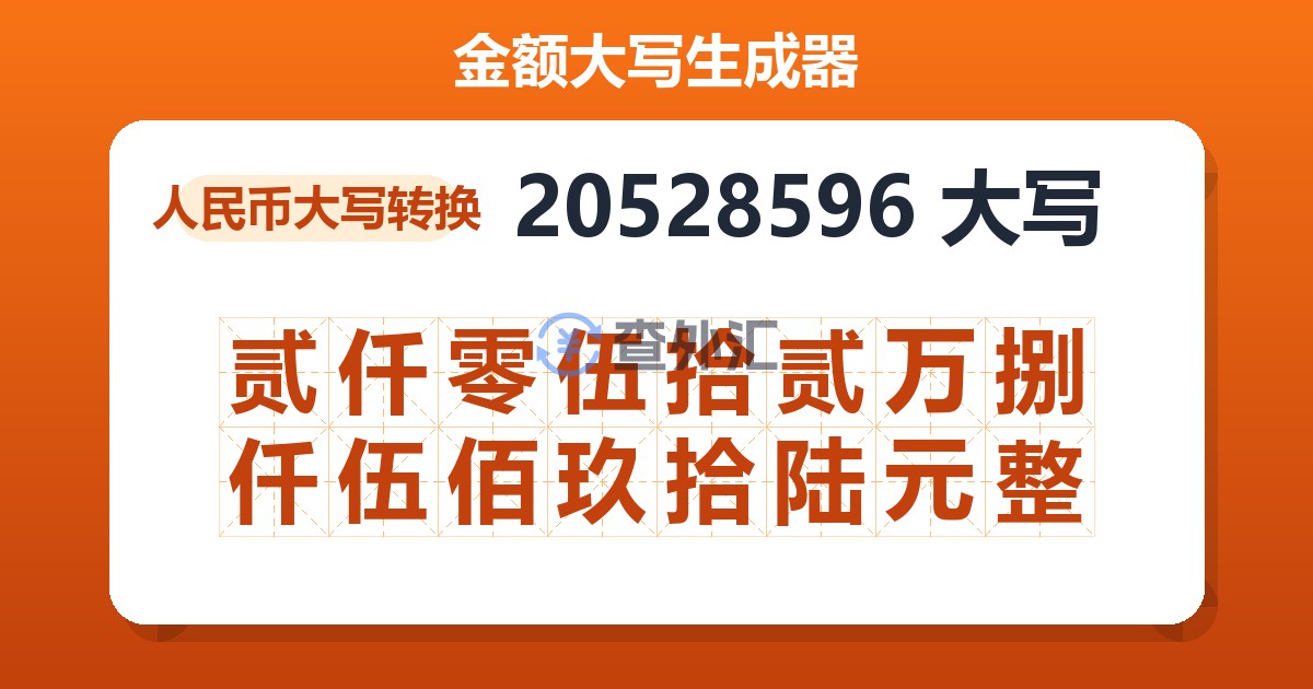 20528596大写 贰仟零伍拾贰万捌仟伍佰玖拾陆元整