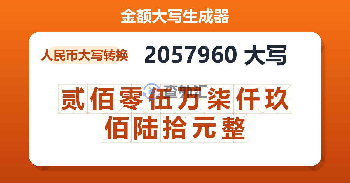 2057960大写 贰佰零伍万柒仟玖佰陆拾元整