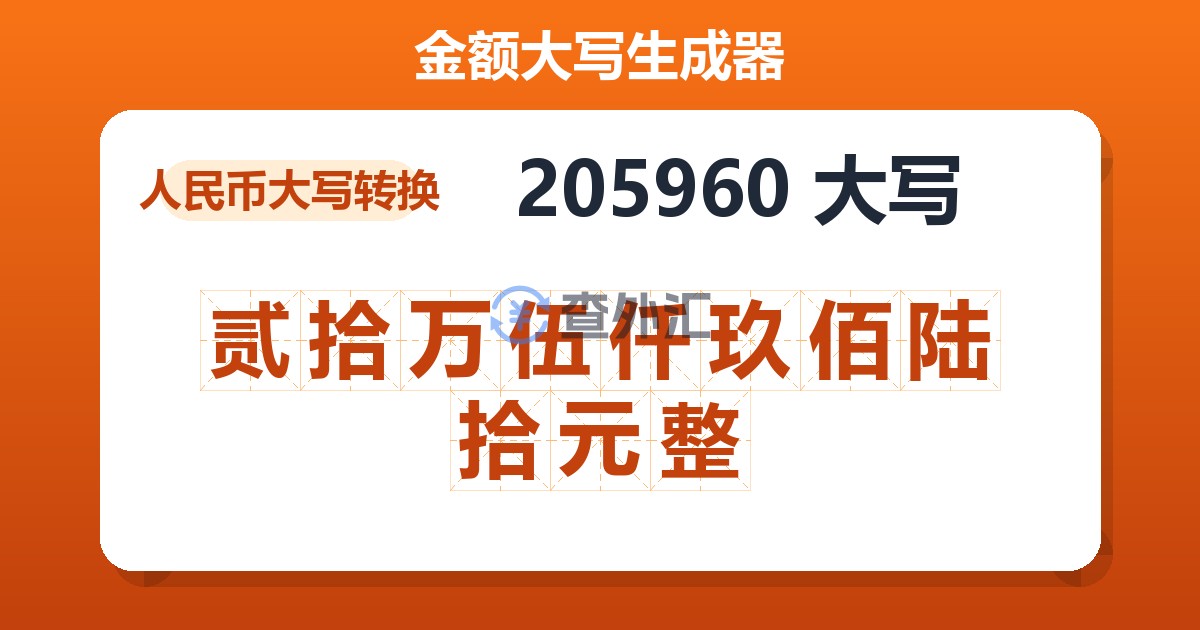 205960大写 贰拾万伍仟玖佰陆拾元整