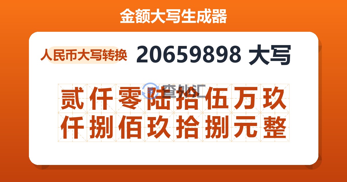 20659898大写 贰仟零陆拾伍万玖仟捌佰玖拾捌元整