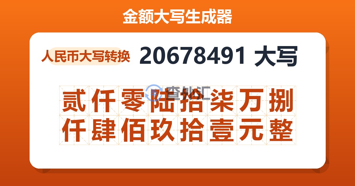 20678491大写 贰仟零陆拾柒万捌仟肆佰玖拾壹元整