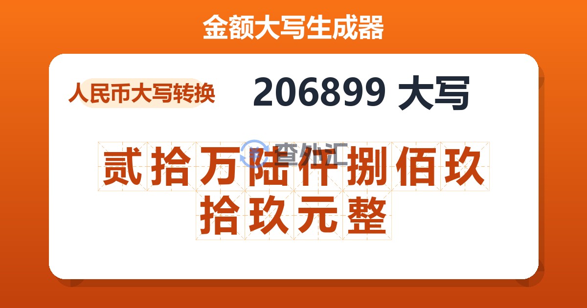 206899大写 贰拾万陆仟捌佰玖拾玖元整