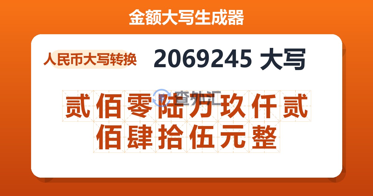 2069245大写 贰佰零陆万玖仟贰佰肆拾伍元整