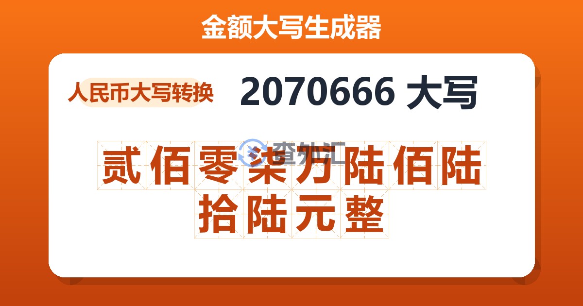 2070666大写 贰佰零柒万陆佰陆拾陆元整