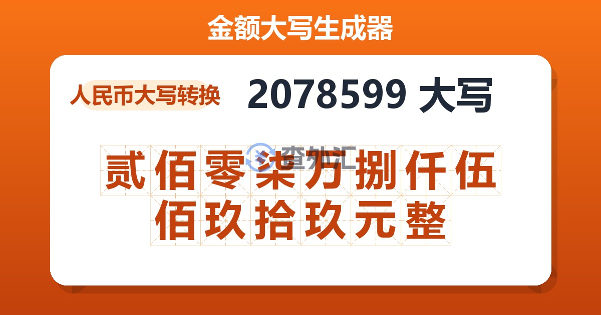 2078599大写 贰佰零柒万捌仟伍佰玖拾玖元整