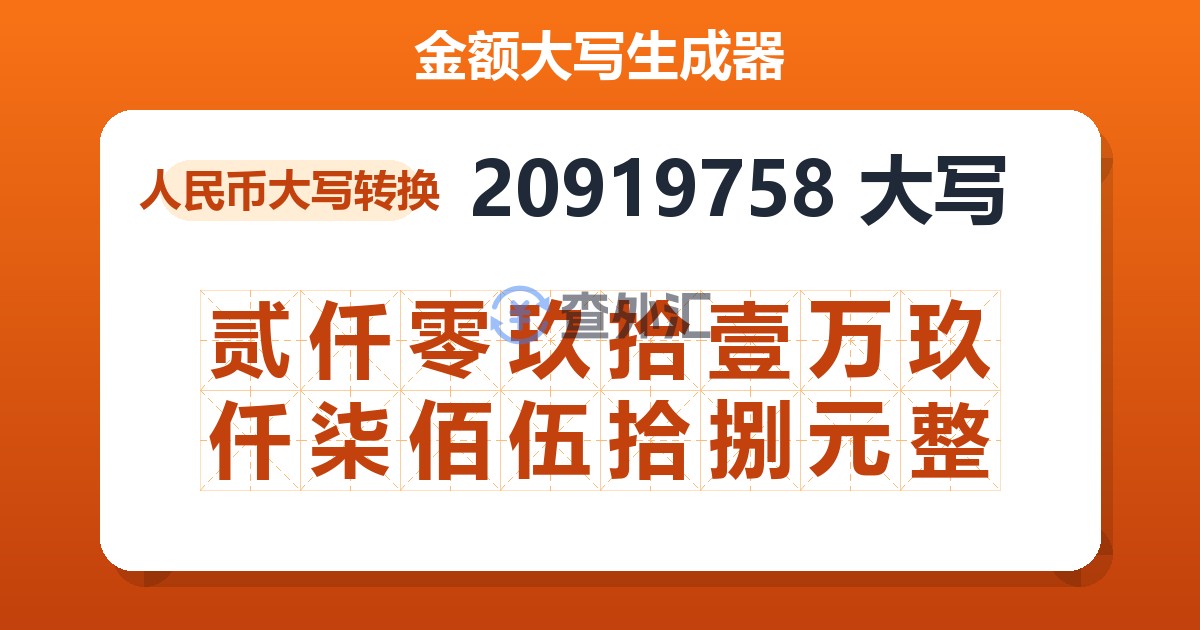 20919758大写 贰仟零玖拾壹万玖仟柒佰伍拾捌元整