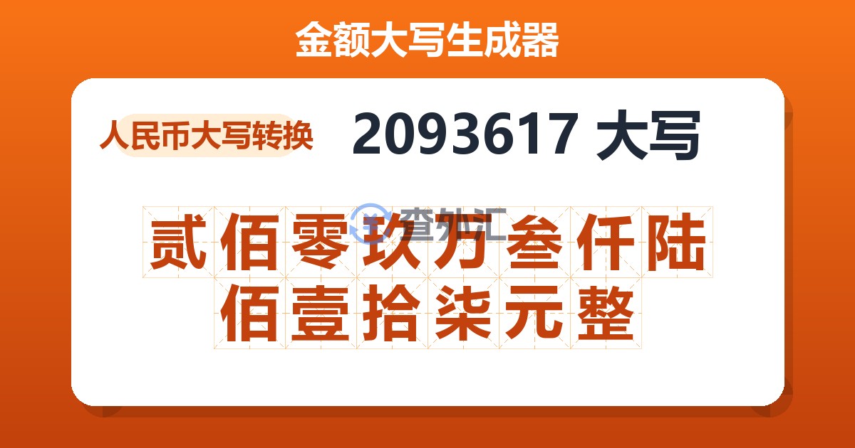 2093617大写 贰佰零玖万叁仟陆佰壹拾柒元整