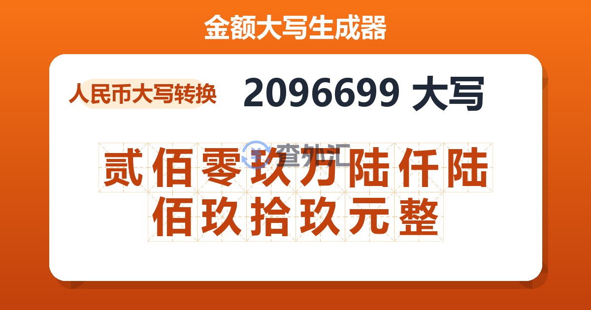 2096699大写 贰佰零玖万陆仟陆佰玖拾玖元整