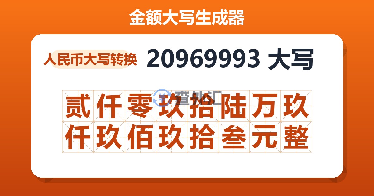 20969993大写 贰仟零玖拾陆万玖仟玖佰玖拾叁元整
