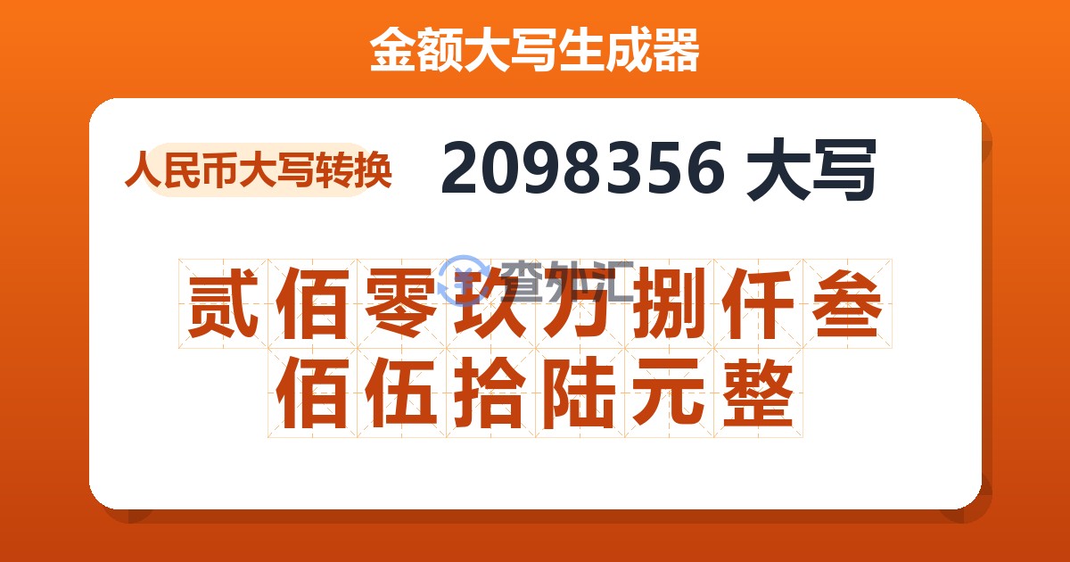 2098356大写 贰佰零玖万捌仟叁佰伍拾陆元整