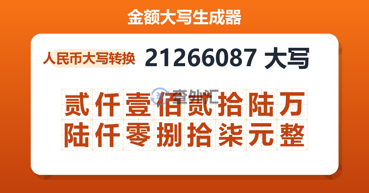 21266087大写 贰仟壹佰贰拾陆万陆仟零捌拾柒元整