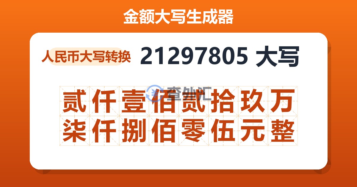 21297805大写 贰仟壹佰贰拾玖万柒仟捌佰零伍元整