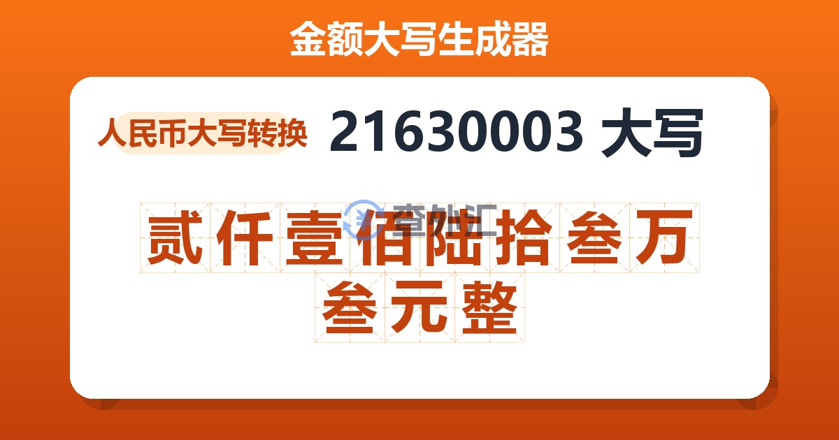 21630003大写 贰仟壹佰陆拾叁万叁元整