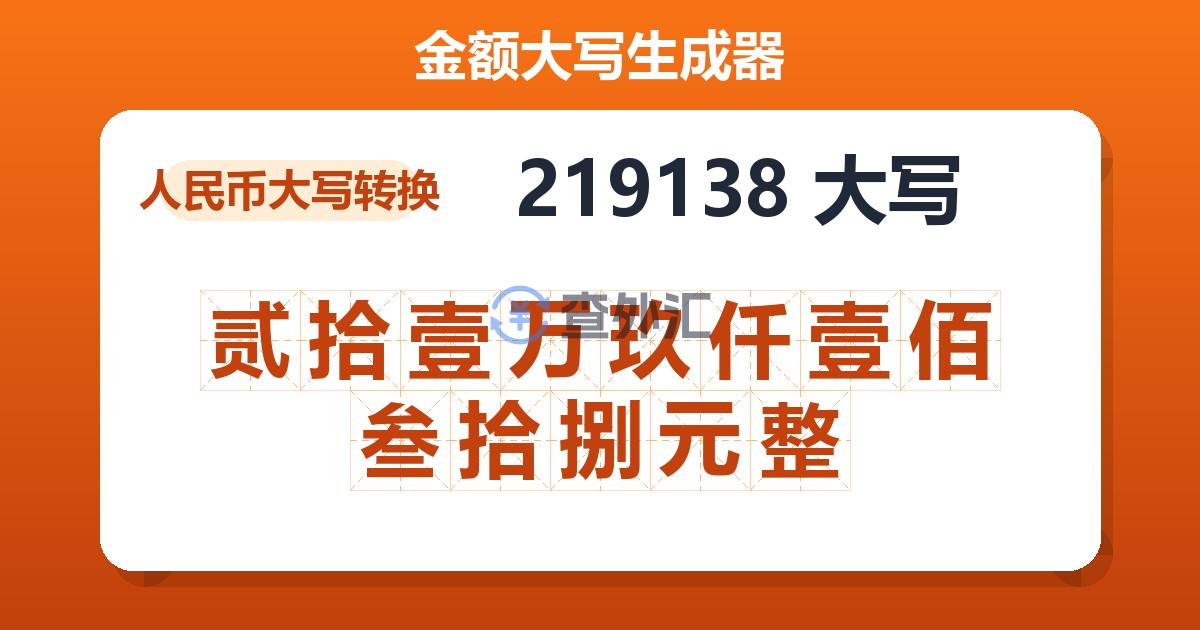 219138大写 贰拾壹万玖仟壹佰叁拾捌元整