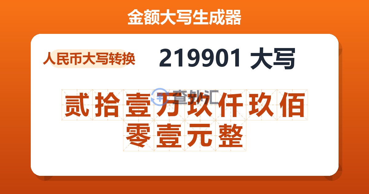 219901大写 贰拾壹万玖仟玖佰零壹元整