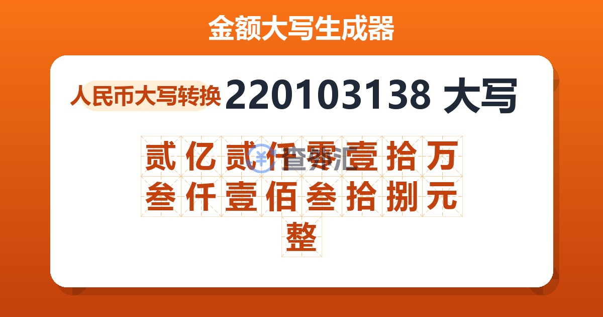 220103138大写 贰亿贰仟零壹拾万叁仟壹佰叁拾捌元整