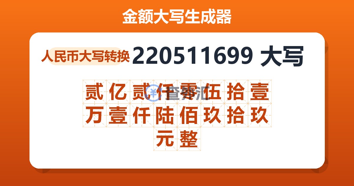 220511699大写 贰亿贰仟零伍拾壹万壹仟陆佰玖拾玖元整