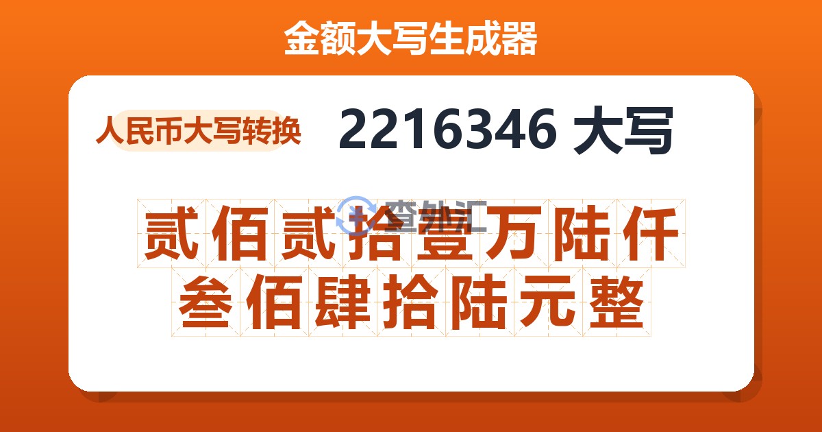 2216346大写 贰佰贰拾壹万陆仟叁佰肆拾陆元整