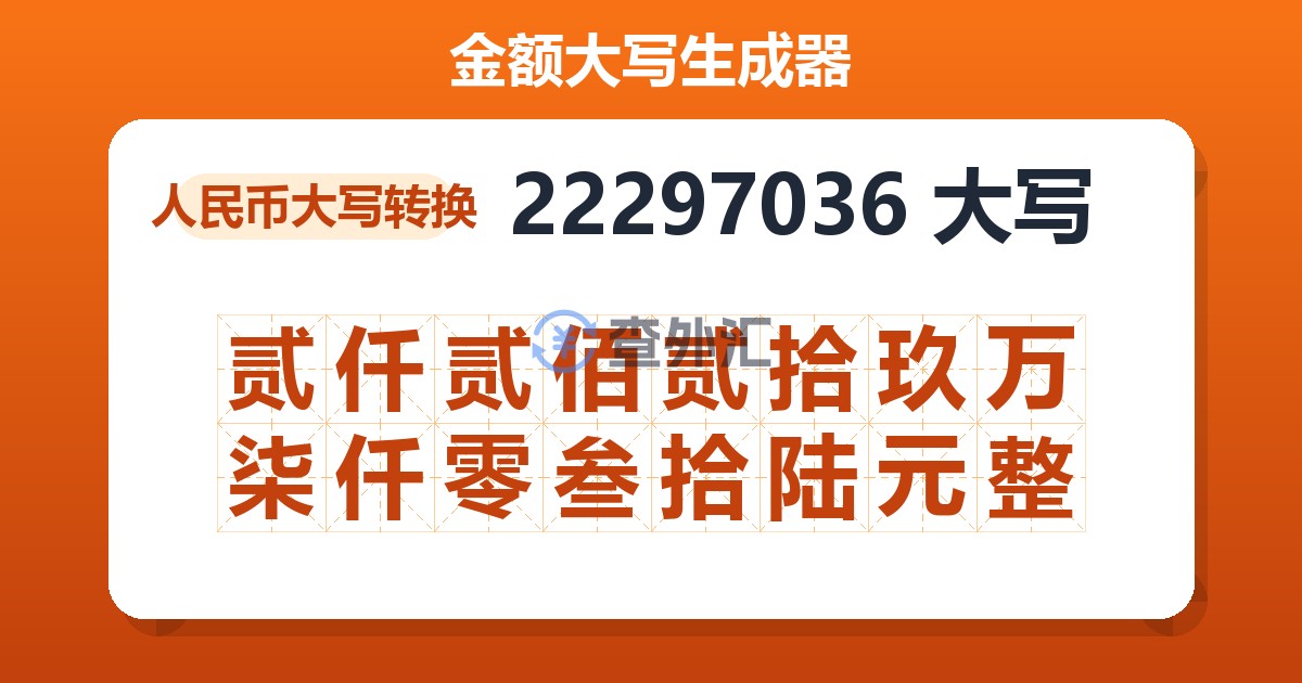 22297036大写 贰仟贰佰贰拾玖万柒仟零叁拾陆元整